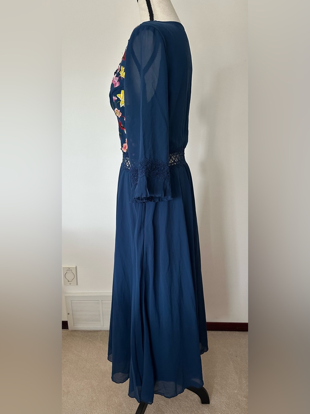 Cottagecore Boho Navy Floral Embroidered Crochet Lace Dress 8 Romantic Fairycore - Picture 8 of 14